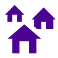 three a frame houses with a door cut out, increasing in size from back to front