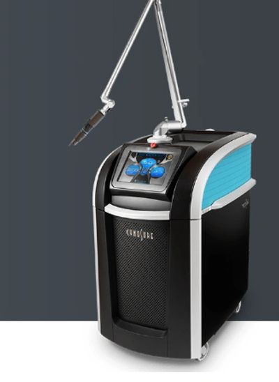 High-tech medical laser device with articulated arm and touchscreen.