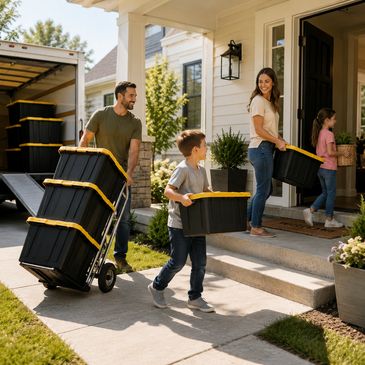 Family moving boxes into a new home on a sunny day.