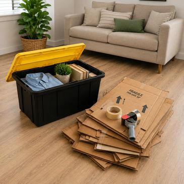 Packing supplies with a black bin, clothes, and cardboard boxes in a living room.