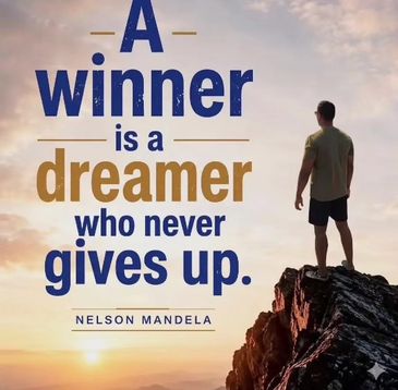 Motivational quote by Nelson Mandela with a man on a rocky peak at sunset.