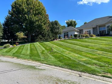 Well-manicured lawn with striped mowing pattern in front of a suburban house.