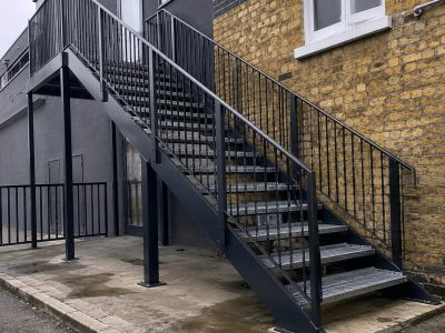 External metal staircase London installed for commercial property with bespoke steel fabrication.