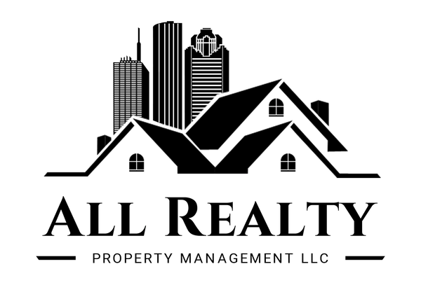 Logo of All Realty Property Management LLC featuring rooftops and city skyline.