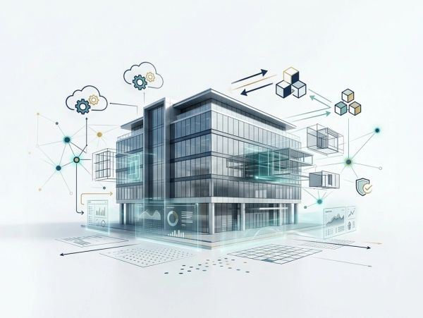 Digital building model with data overlays and cloud connections.