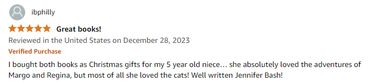 Positive book review praising adventures and cats.