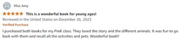 A five-star review praising a children's book for young ages.