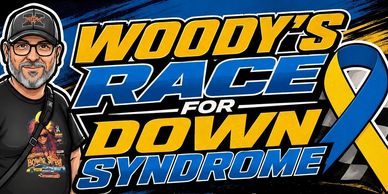 Graphic promoting Woody's race for Down syndrome awareness with a blue and yellow ribbon.