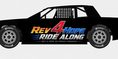 Black race car with Rev 4 Hope Ride Along logo on the side.