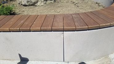 Curved wooden and concrete bench on a concrete base with soil and plants behind.