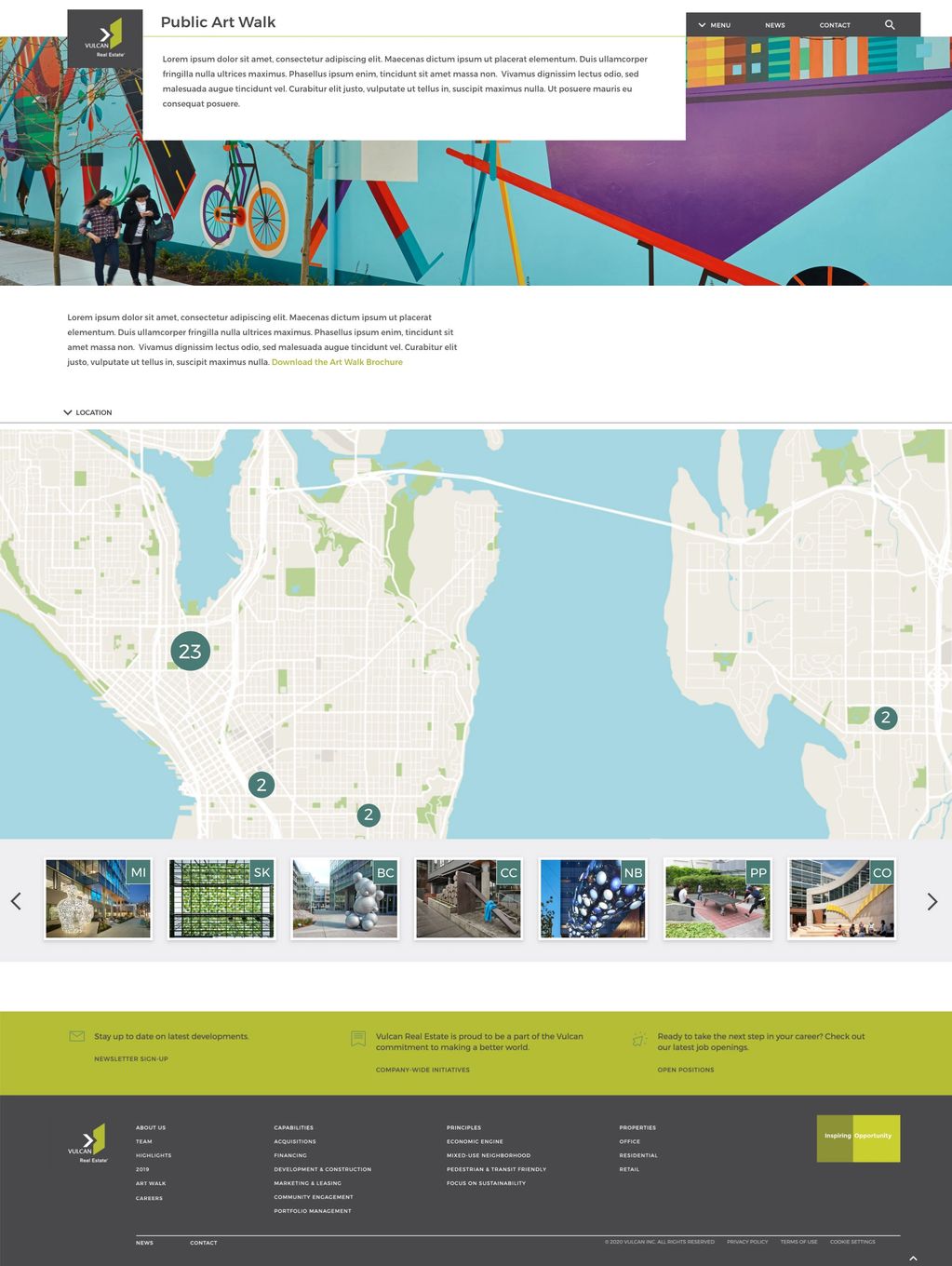 A map of Seattle and Bellevue showing Vulcan Real Estate public art installation.