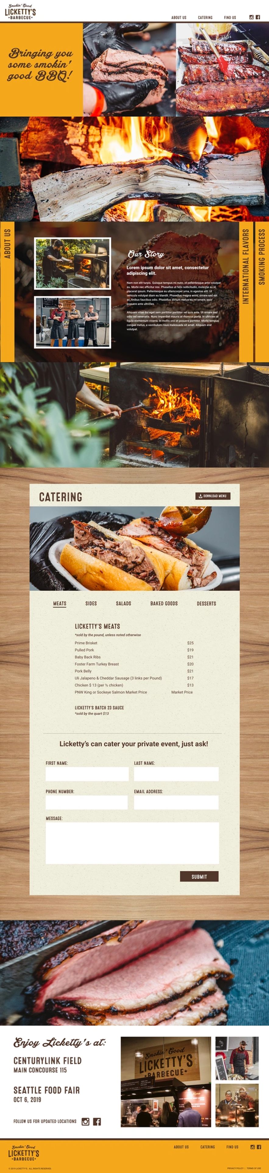 Beautiful and delicious photos of BBQ brisket, ribs, sandwiches, and an open flame grill.