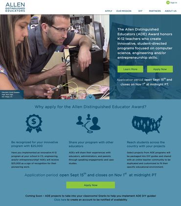 Allen Distinguished Educator home page. It shows a teacher and a student working on a STEM project.