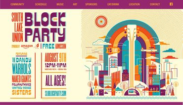 South Lake Union Block Party - Illustration of a guitar and Seattle. SLU block party information.
