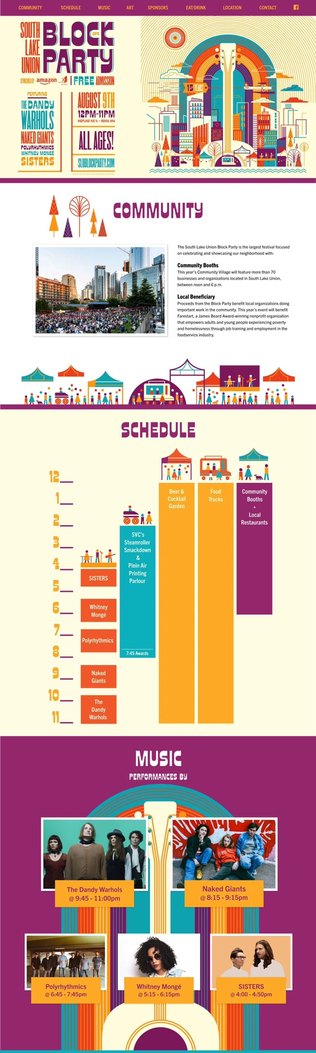 Fun illustration showing SLU Block Party, schedule, musical guests, food, drinks, art, and location.
