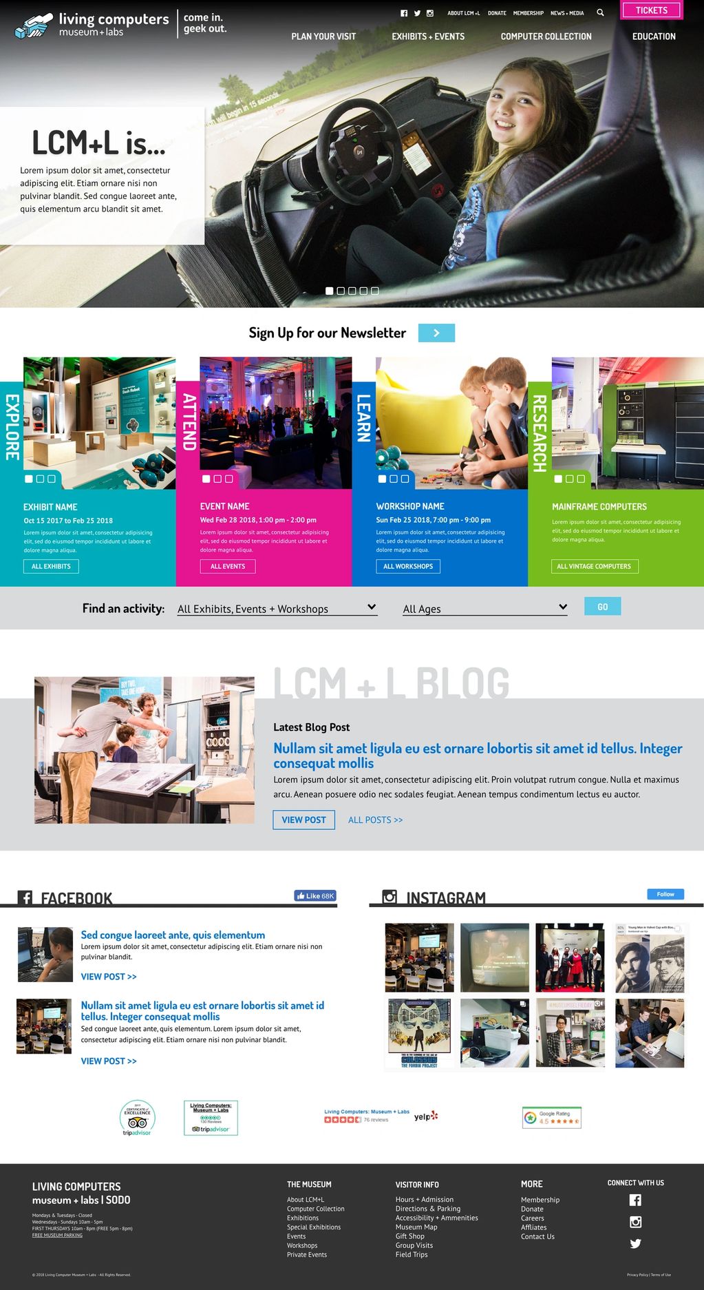 Photo of the home page of Living Computers Museum. There is a girl siting in a VR simulator.