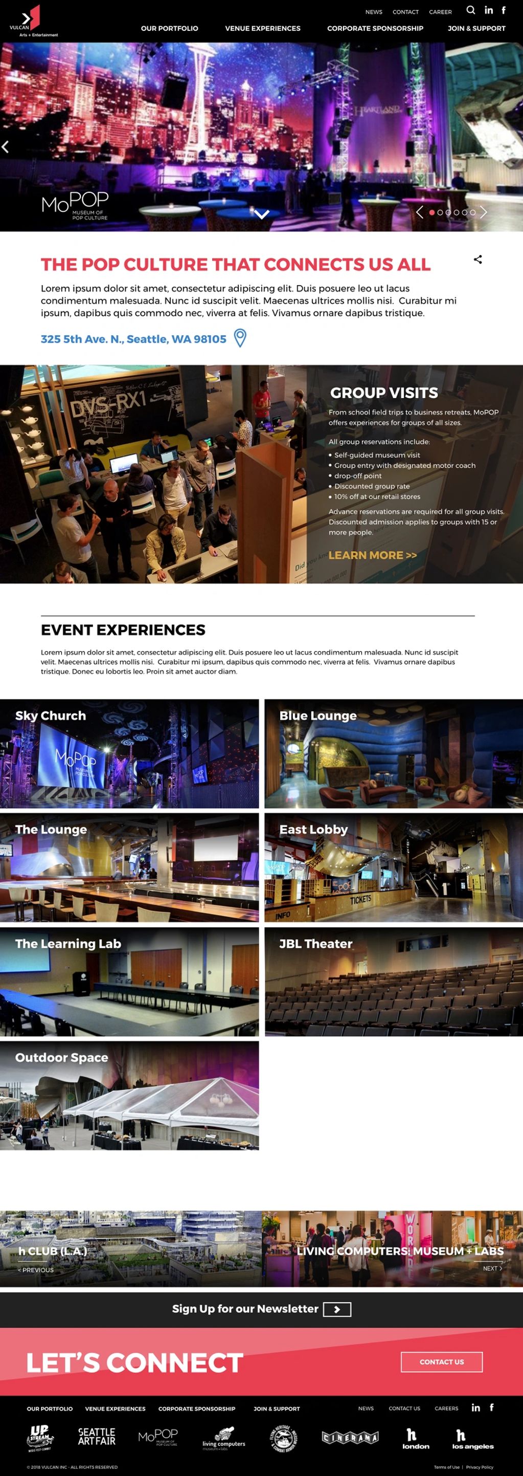 MoPop interior: Sky Church, Blue Lounge, The Lounge, East Lobby, The Learning Lab, and JBL Theater.