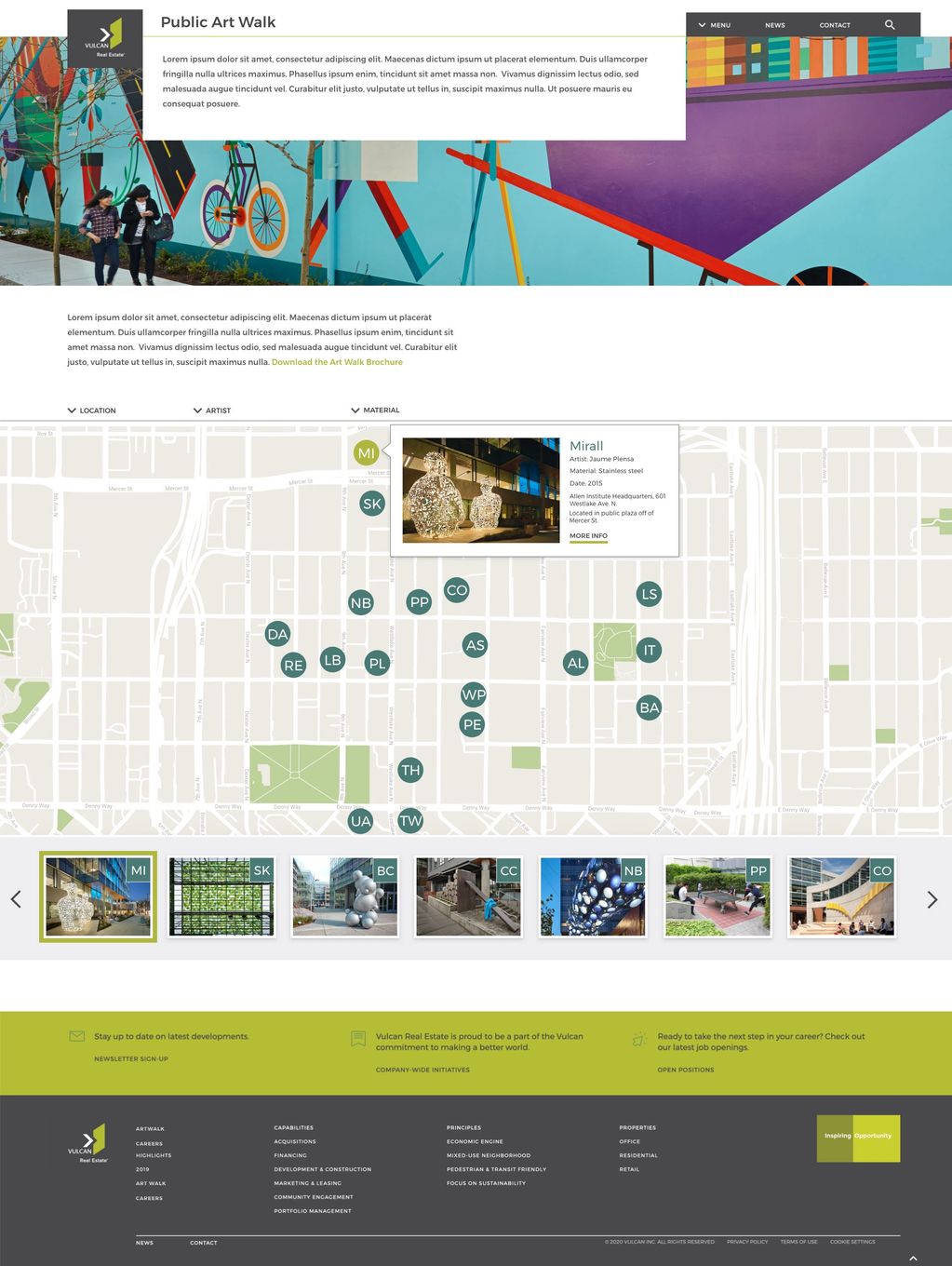 A map of Seattle and Bellevue showing VRE public art. A popover showing the art work's info.
