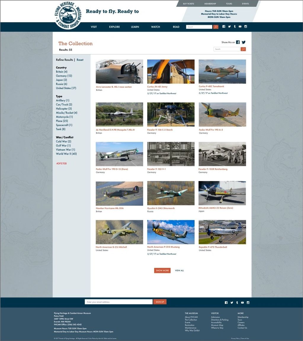 A page showing WWII plane thumbnail photos and a filter to fine tune the list.