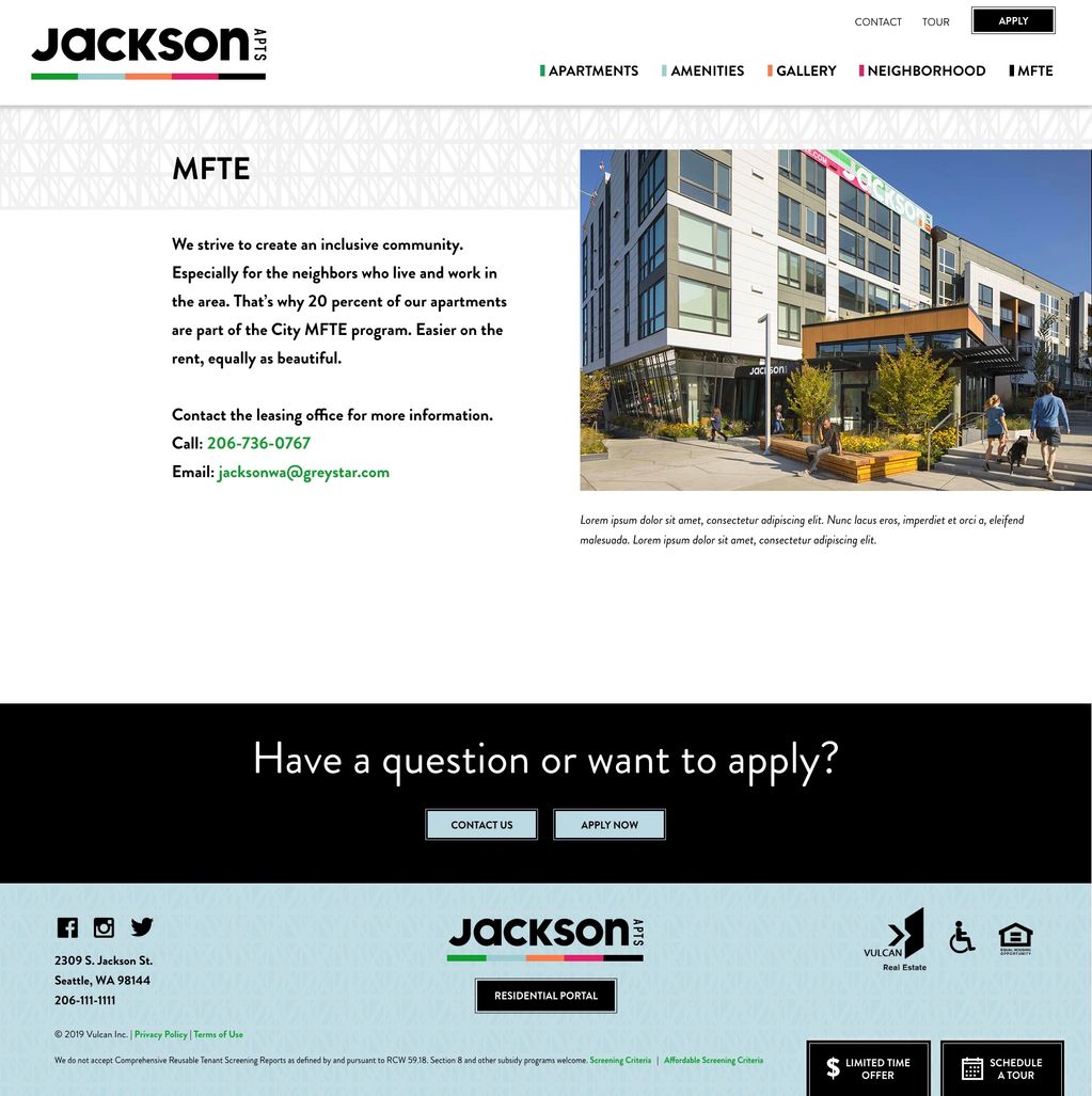 An exterior photo of Jackson Apartment and MFTE program information.