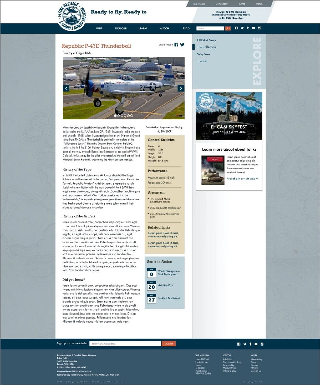 This page shows a large plane photo, text about the plane, general statistics and events.