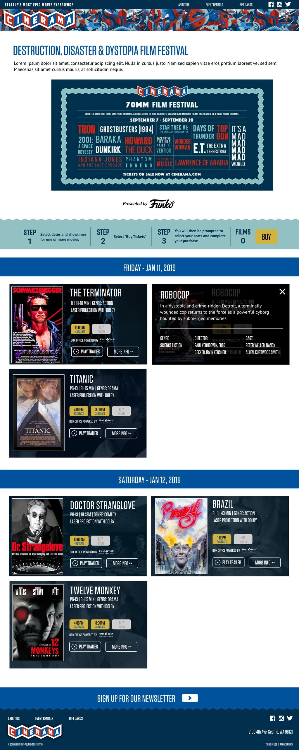 Movie festival page showing the ability to purchase tickets for each movie.