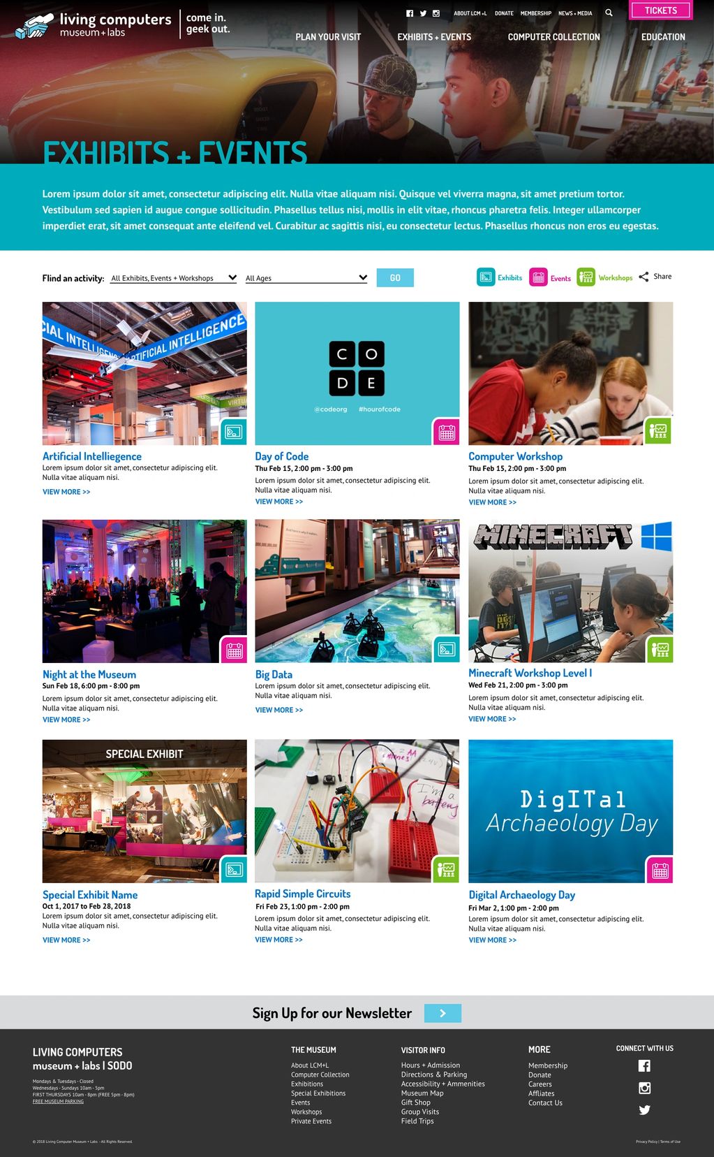 Living Computers Museum's Exhibits and Events page. It's showing their exhibits and events.