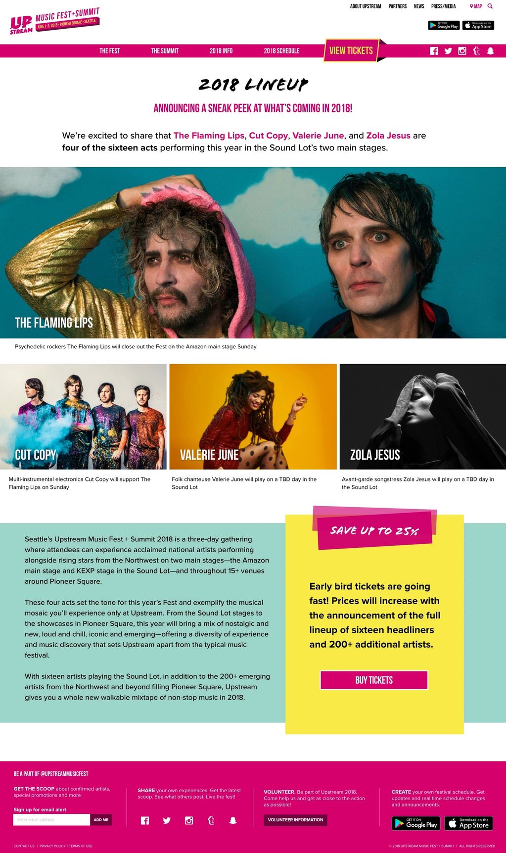 2018 Upstream lineup. It includes The Flaming Lips, Cut Copy, Valerie June, and Zola Jesus.