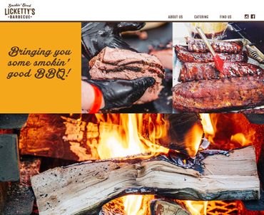 Licketty's Barbecue Website - Photos of delicious ribs and beef brisket cooking on a BBQ grill.