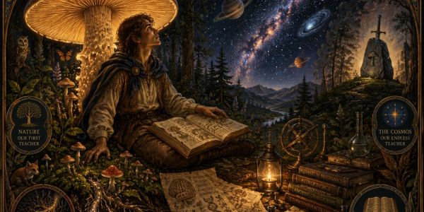 Young scholar explores nature and cosmos under a starry night.
