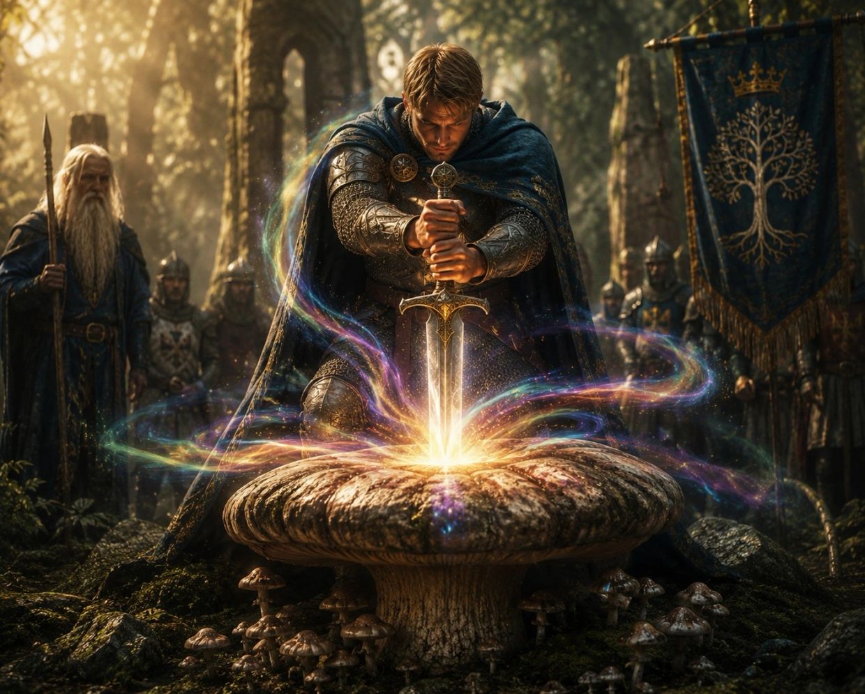 Knight pulling a magical sword from a stone in a mystical forest.