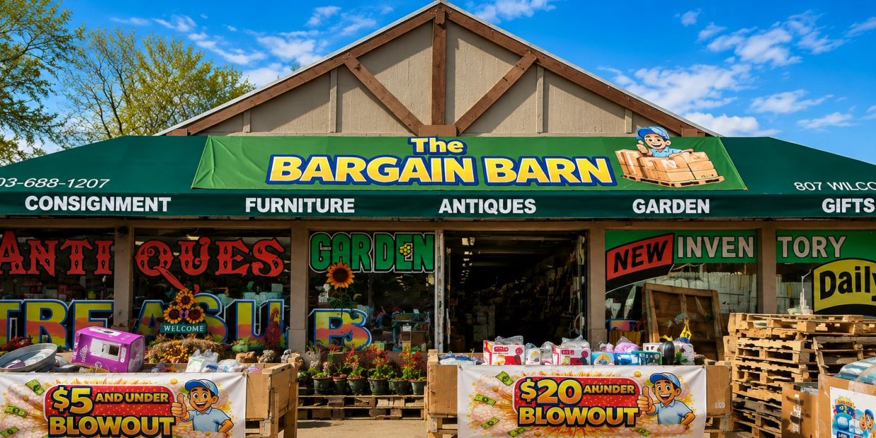 The Bargain Barn store front with sale signs and outdoor plants.