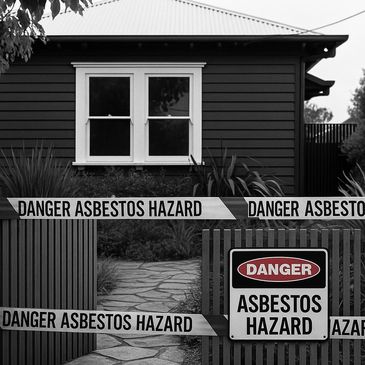 House fenced off with asbestos hazard warning signs and tape.