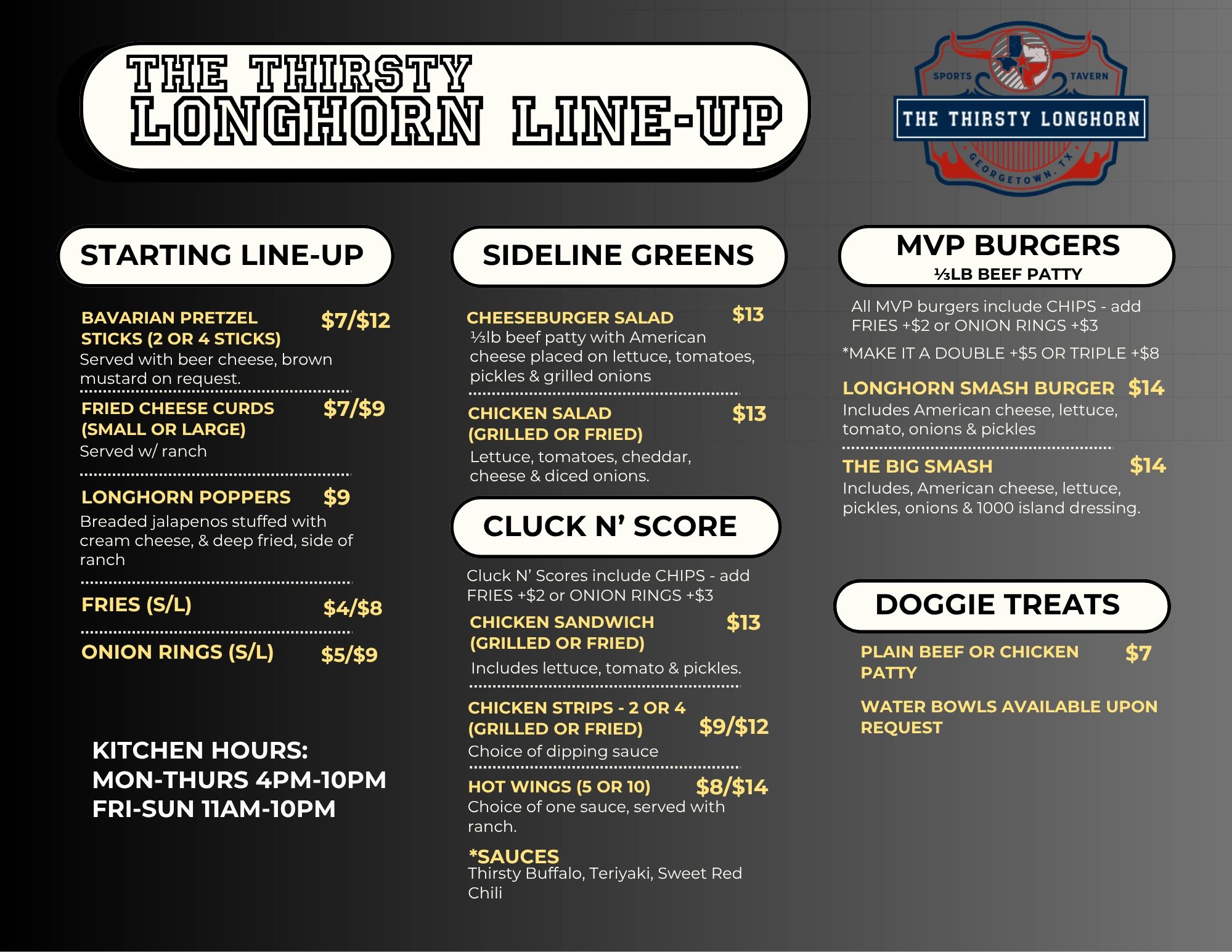 Menu from The Thirsty Longhorn featuring appetizers, salads, burgers, and dog treats.