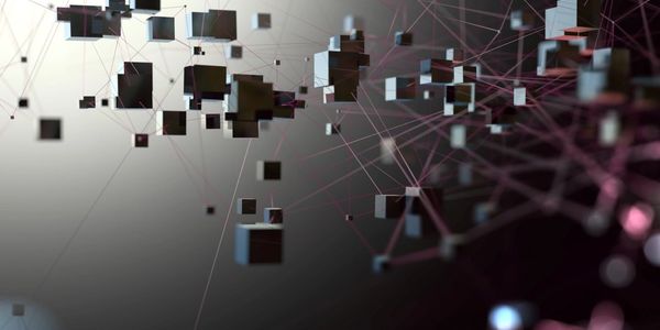 Floating black cubes connected by red lines in a digital network.