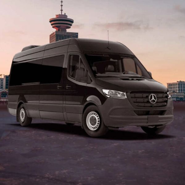 Black Mercedes-Benz van parked with cityscape and tower in the background at sunset.