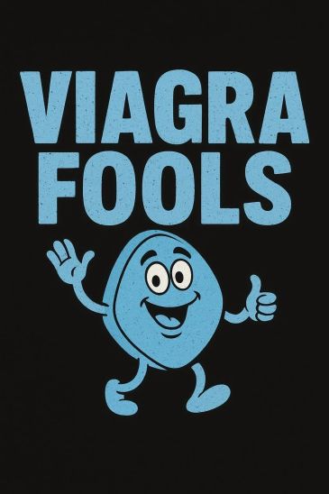 Blue cartoon pill character with the text 'VIAGRA FOOLS' in bold letters.