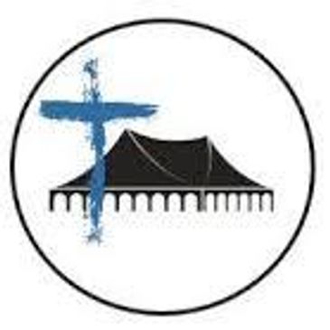 Logo with a blue cross and a black tent inside a circle.