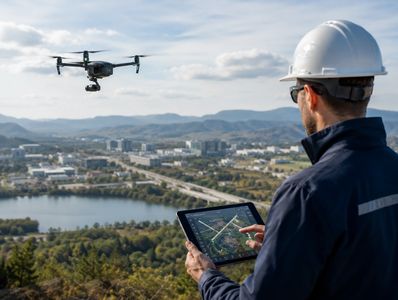Engineer operates a drone to survey a city landscape.