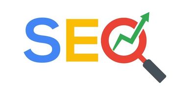 "SEO" with the O shown as a magnifying glass and upward arrow inside. Podcast & Webcast helps SEO.