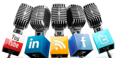 5 vintage podcast microphones with social media logos: YouTube, LinkedIn, WIFi, facebook, Twitter. 