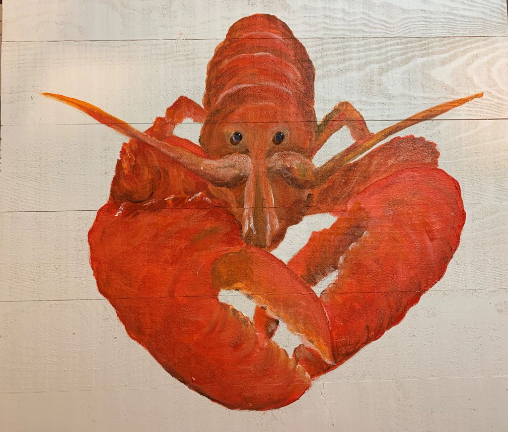 Lobster Hand Painted on 12" X 12" wooden pallet board with 6 millimeter glass eyes.
