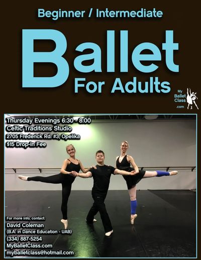 Beginner/intermediate ballet class for adults with a $15 drop-in fee.