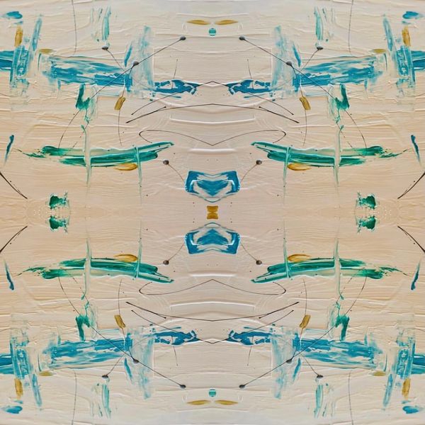 Symmetrical abstract painting with blue, green, and yellow strokes on a beige background.