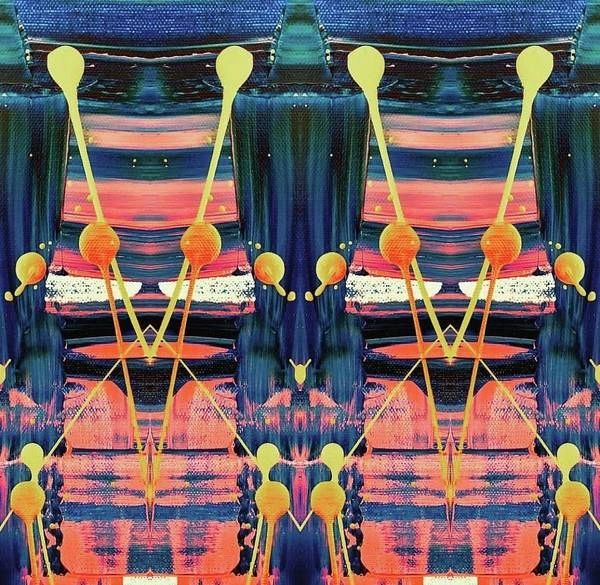 Colorful abstract painting with symmetrical yellow and orange shapes on blue and pink background.