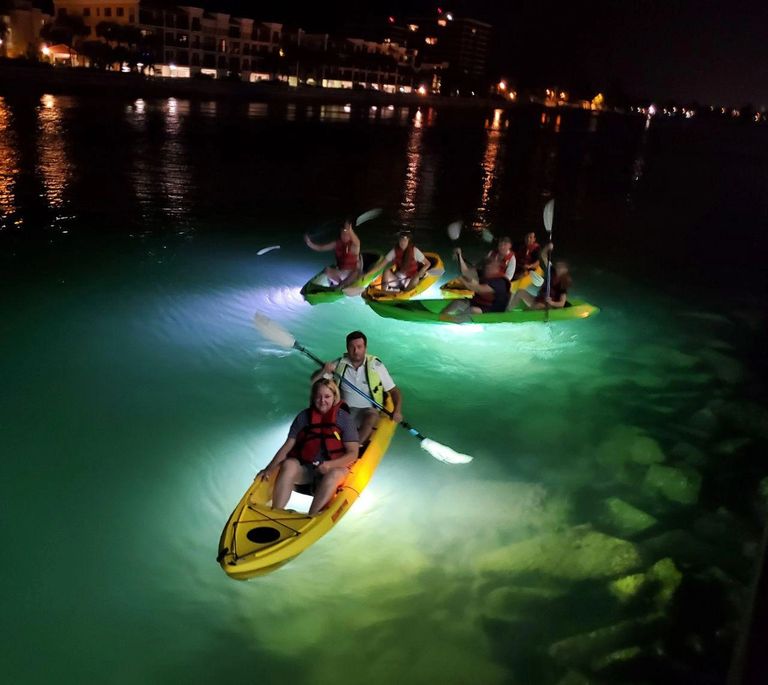 multiple kayakers on the waters of sarasota at night, www.glassbottomtours.com