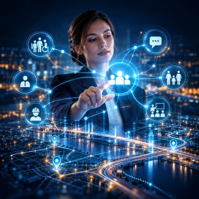 Woman interacting with futuristic digital network interface.