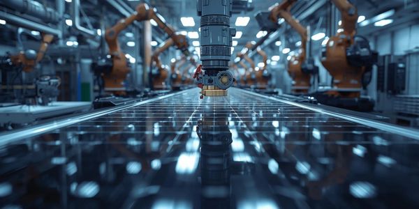 Robotic arms assembling solar panels in a high-tech factory.