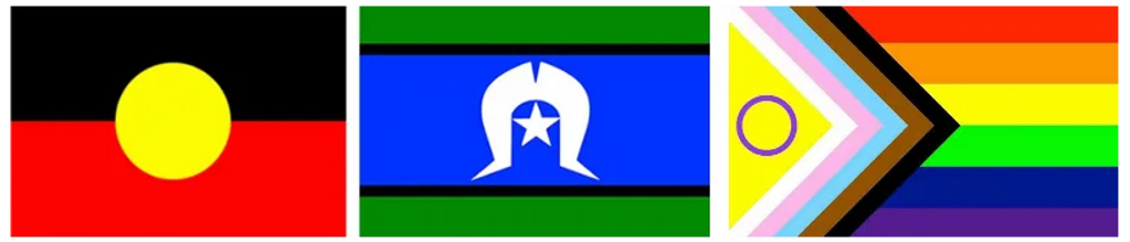 Image of the Aboriginal flag, Torres Strait Islander Flag and LGBTQIA+ flag.
