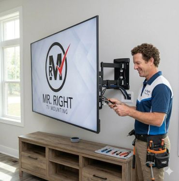 TV Technician for Mr. Right TV Mounting installing a TV with a full motion mount after running the w